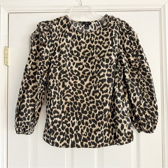 J crew Leopard Animal Print Ruffle Sleeve Top Shirt AS011 Extra Small XS Cotton - Picture 15 of 15